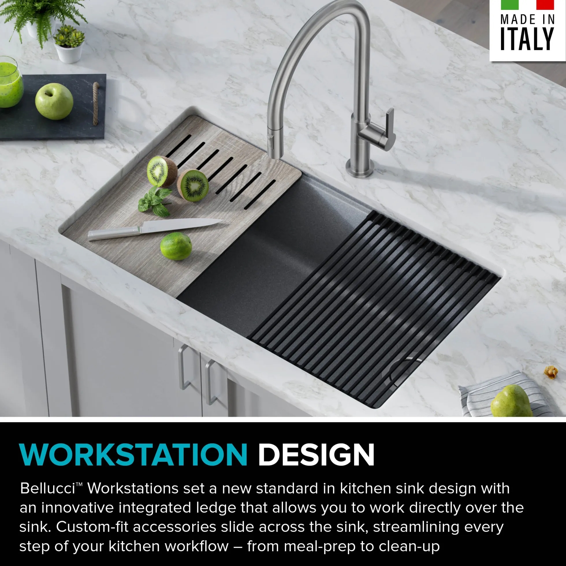 Workstation 32" Undermount Granite Single Bowl Kitchen Sink in Metallic Gray with Accessories
