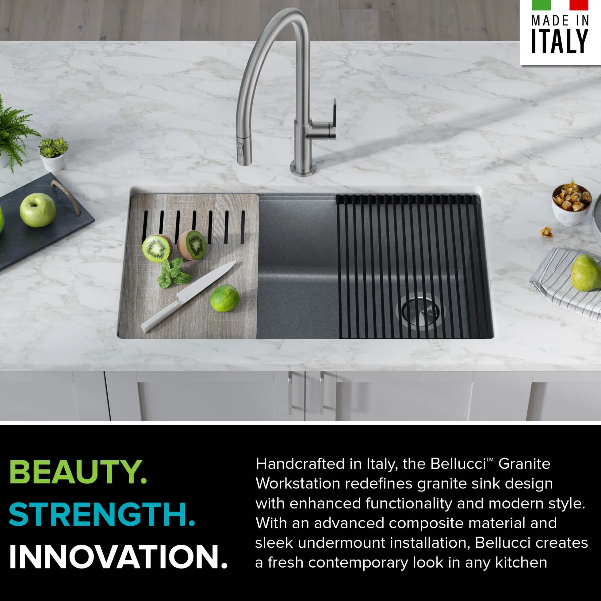 Workstation 32" Undermount Granite Single Bowl Kitchen Sink in Metallic Gray with Accessories