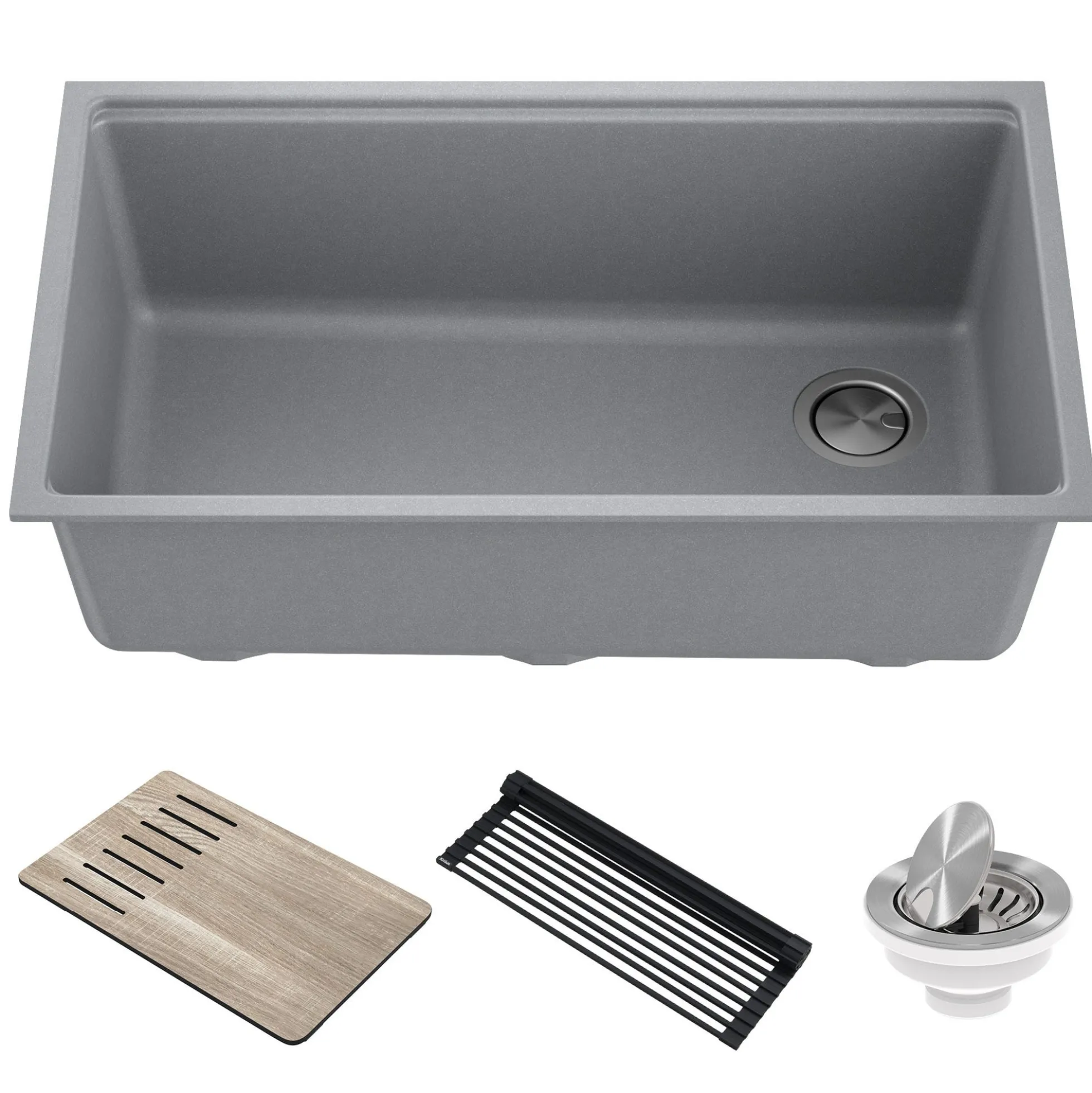 Workstation 32" Undermount Granite Single Bowl Kitchen Sink in Metallic Gray with Accessories
