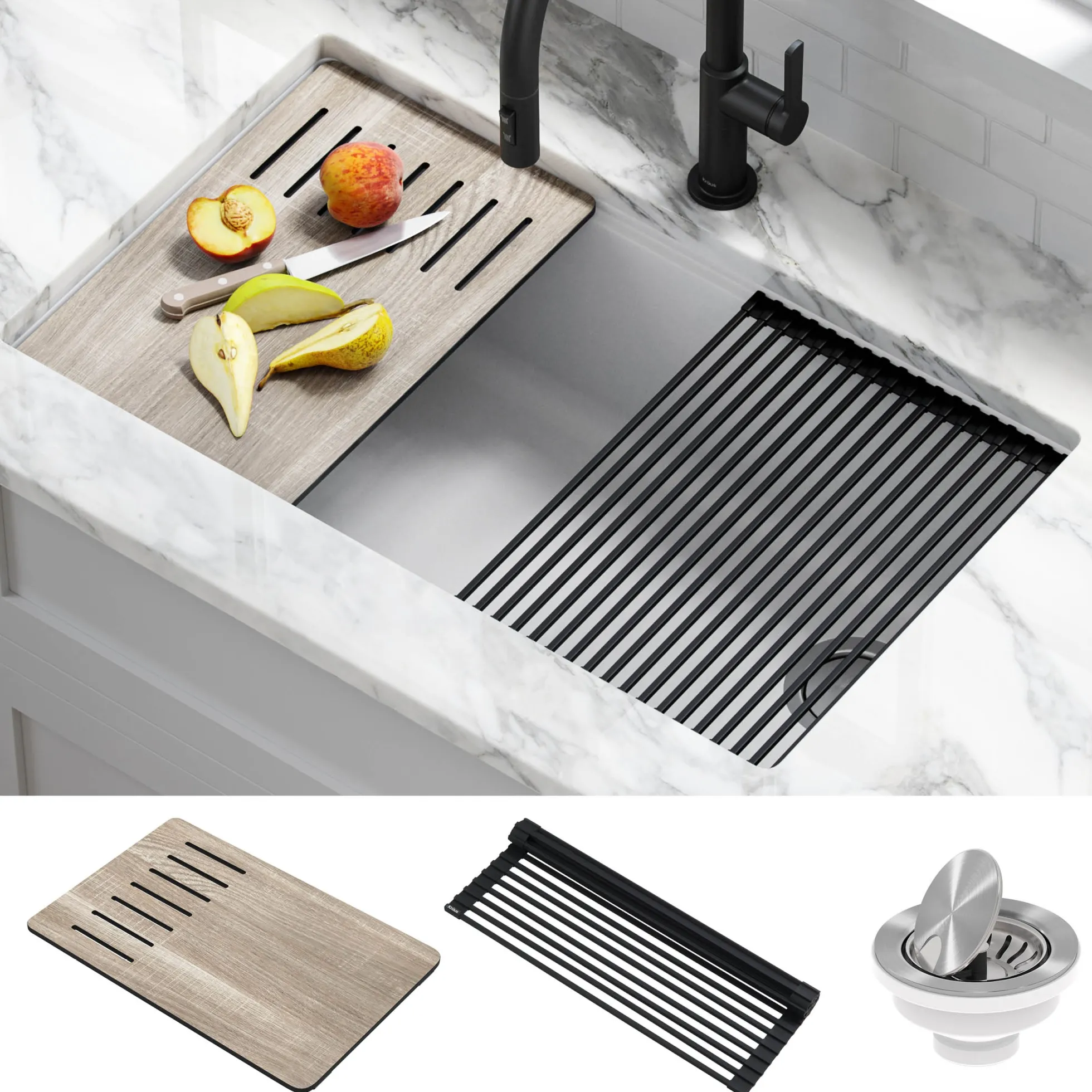 Workstation 32" Undermount Granite Single Bowl Kitchen Sink in White with Accessories