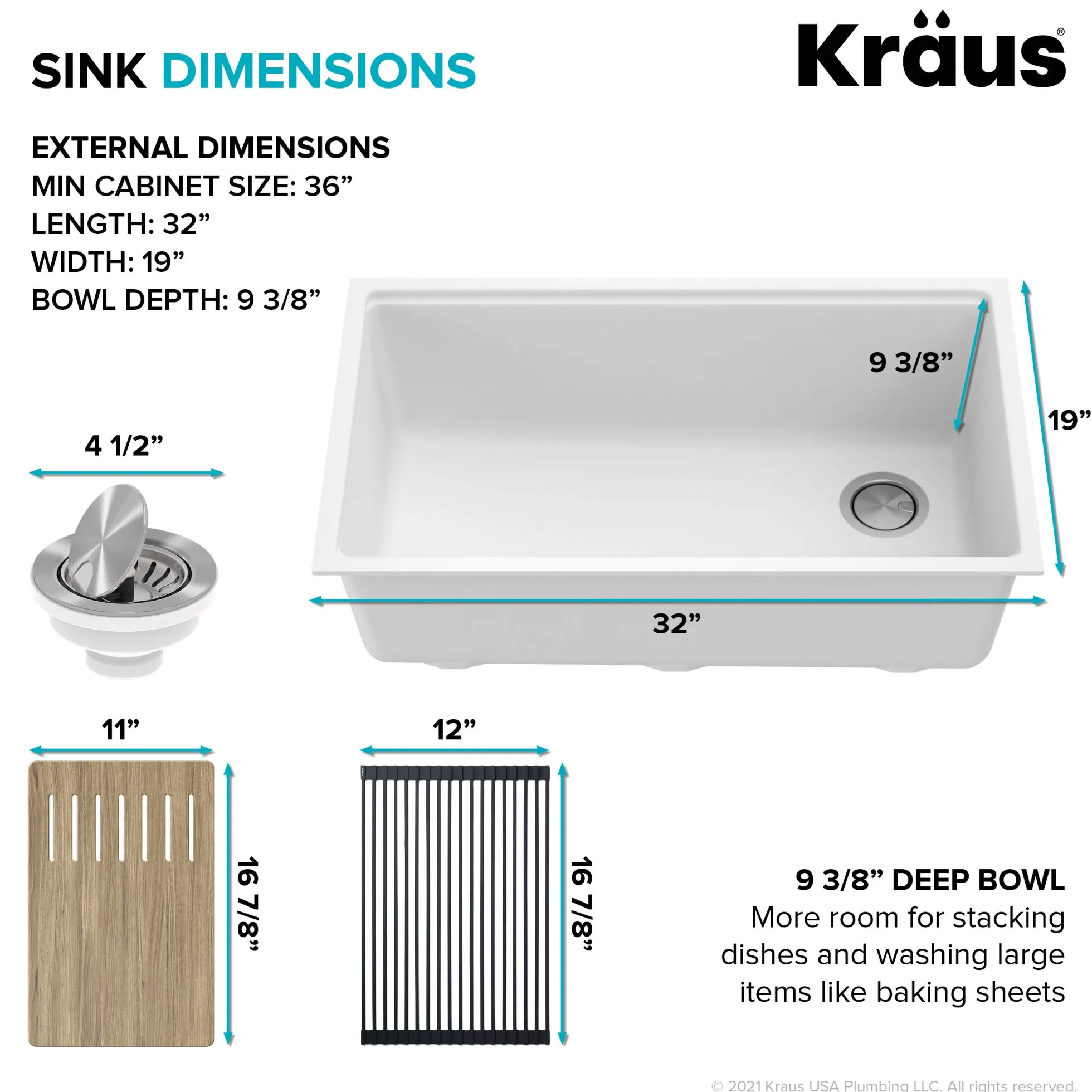 Workstation 32" Undermount Granite Single Bowl Kitchen Sink in White with Accessories