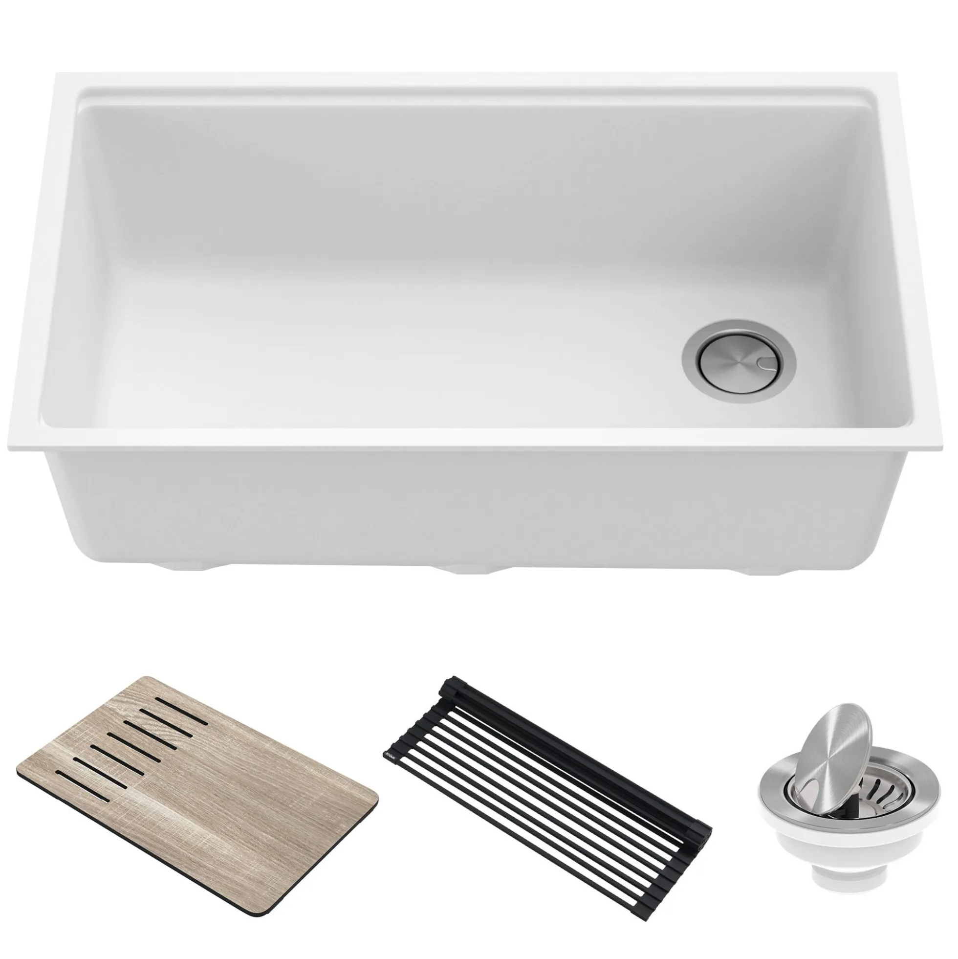 Workstation 32" Undermount Granite Single Bowl Kitchen Sink in White with Accessories