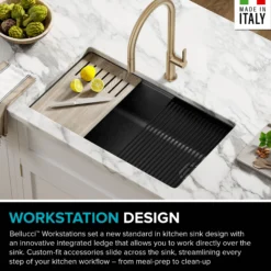 Workstation 32" Undermount Granite Single Bowl Kitchen Sink in Metallic Black with Accessories