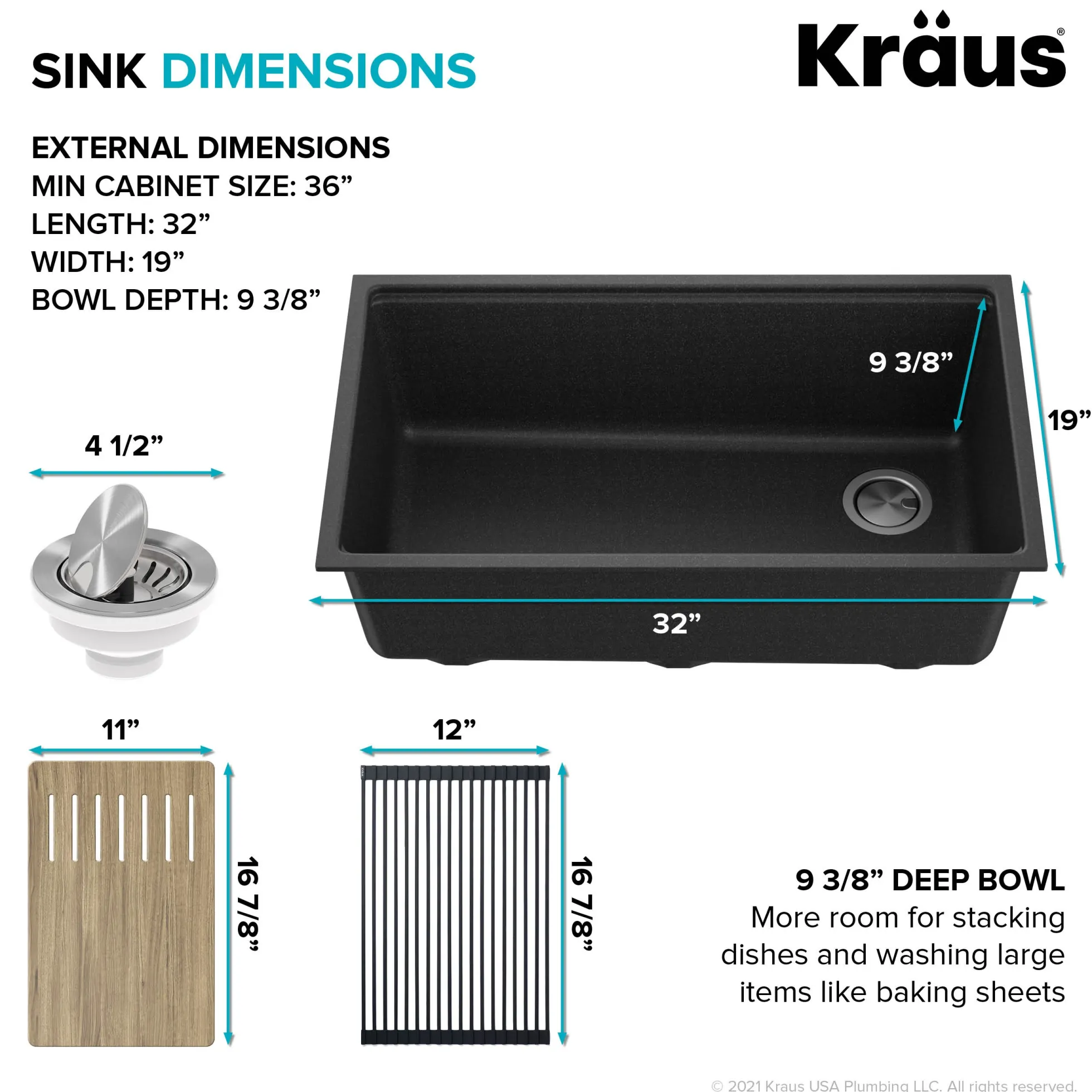 Workstation 32" Undermount Granite Single Bowl Kitchen Sink in Metallic Black with Accessories