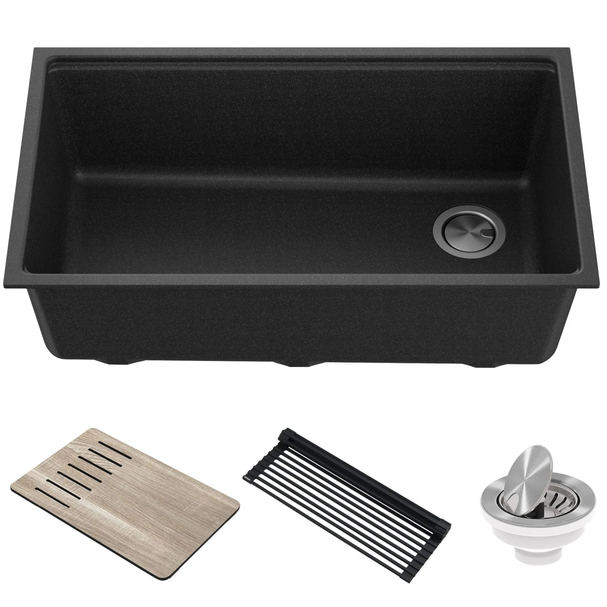 Workstation 32" Undermount Granite Single Bowl Kitchen Sink in Metallic Black with Accessories