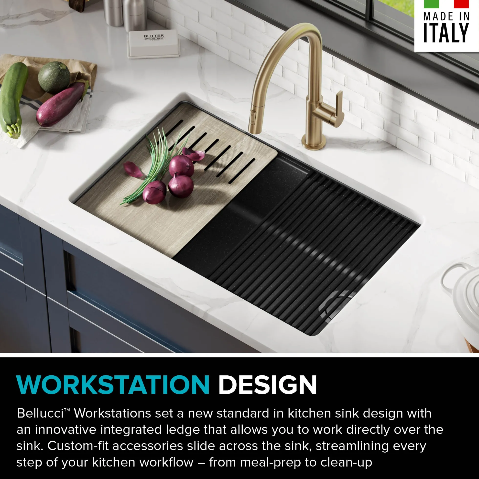 Workstation 30" Undermount Granite Single Bowl Kitchen Sink in Metallic Black with Accessories