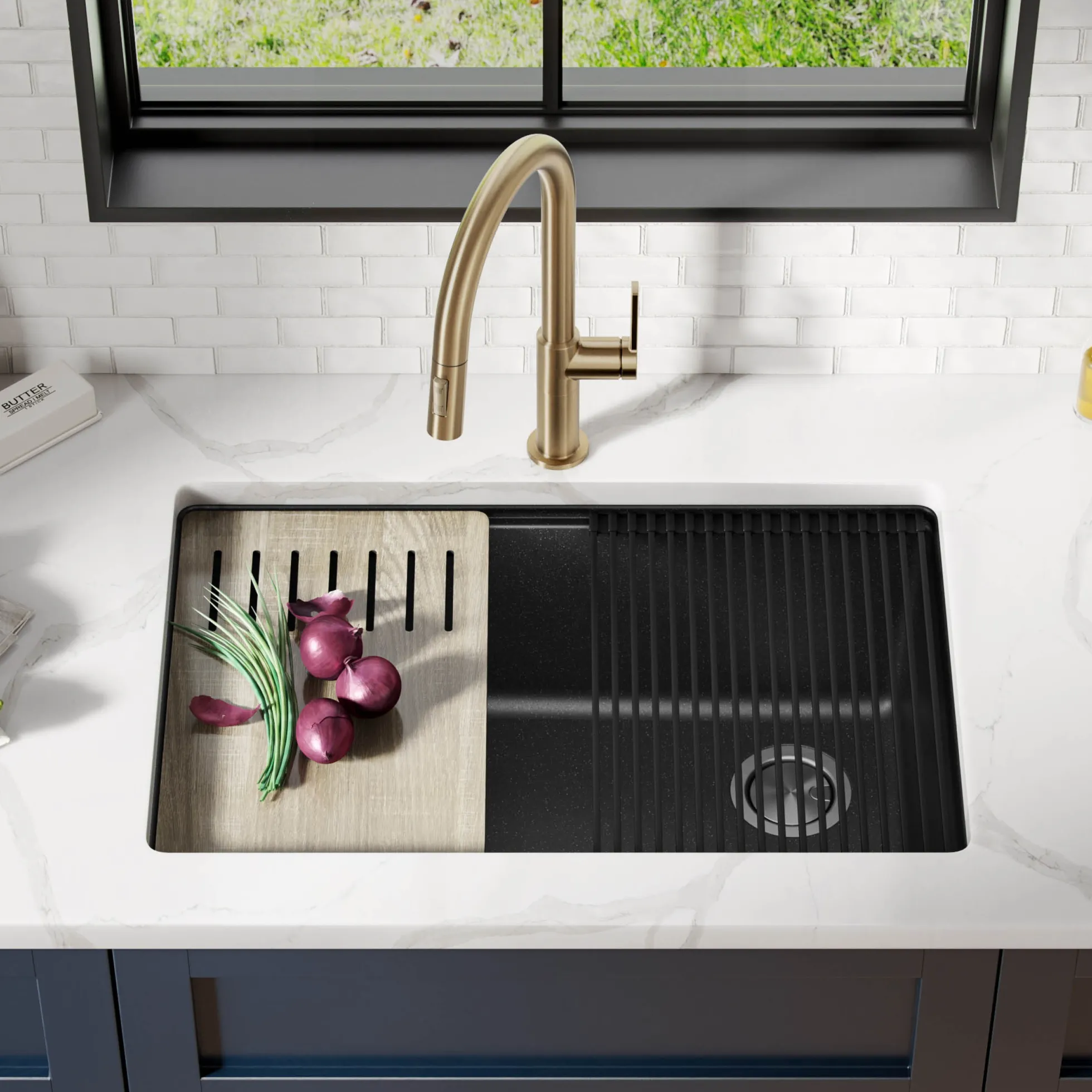 Workstation 30" Undermount Granite Single Bowl Kitchen Sink in Metallic Black with Accessories