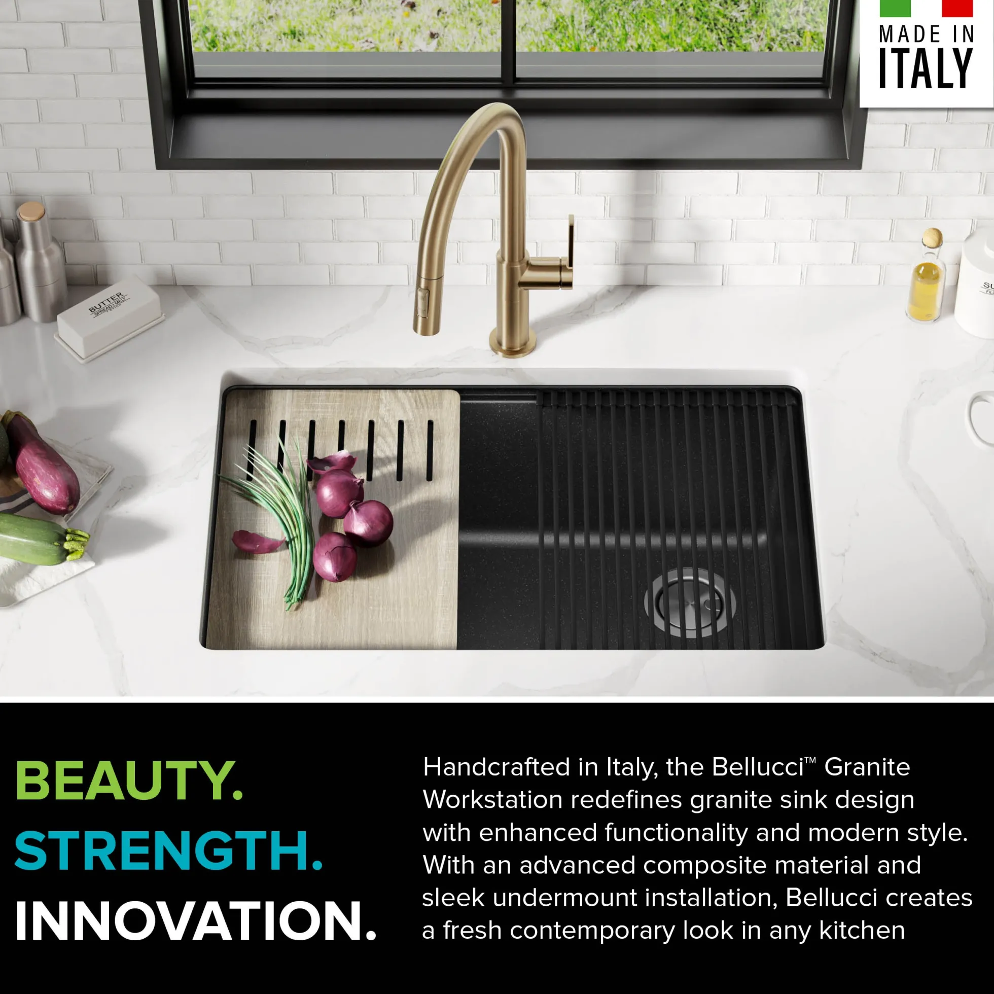Workstation 30" Undermount Granite Single Bowl Kitchen Sink in Metallic Black with Accessories