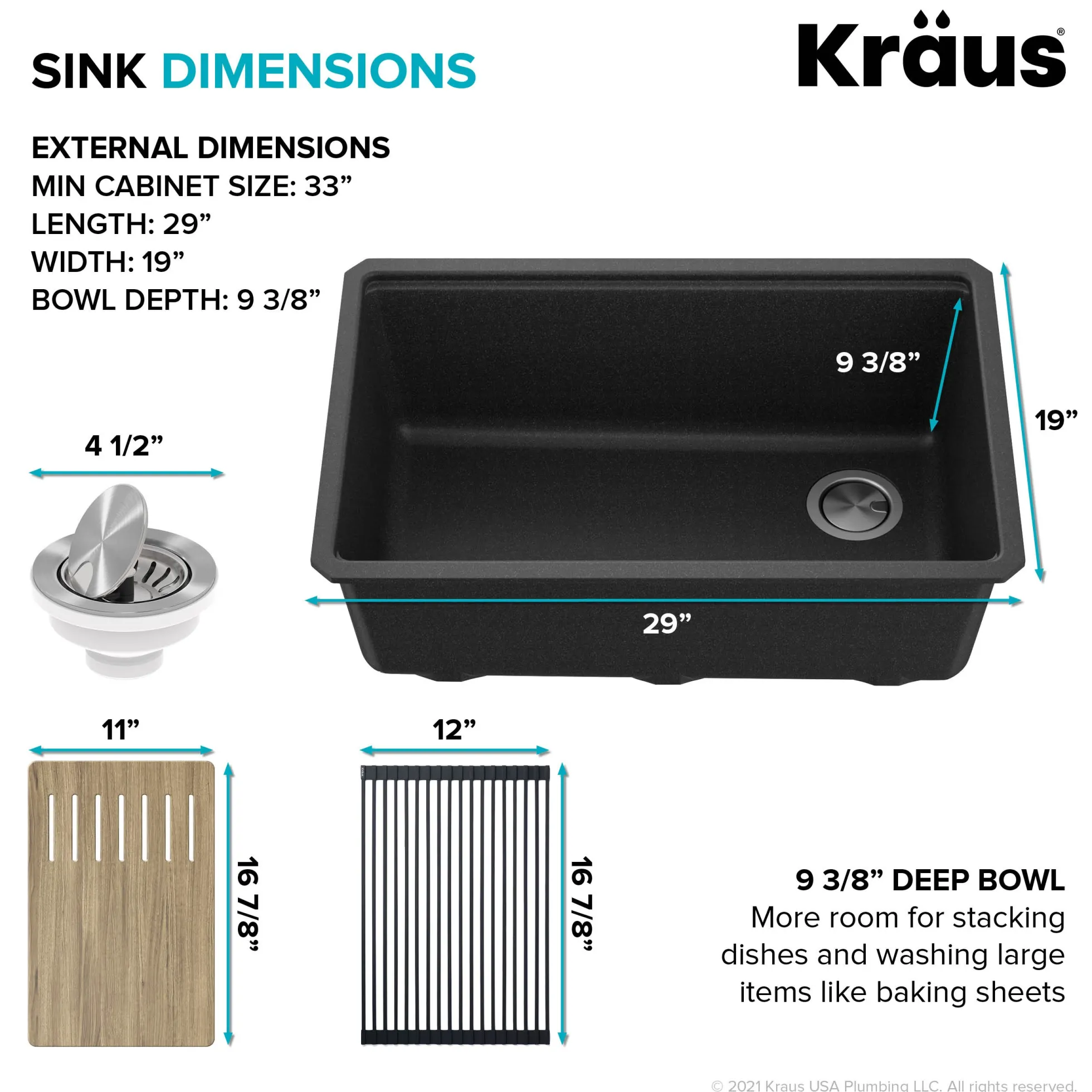 Workstation 30" Undermount Granite Single Bowl Kitchen Sink in Metallic Black with Accessories